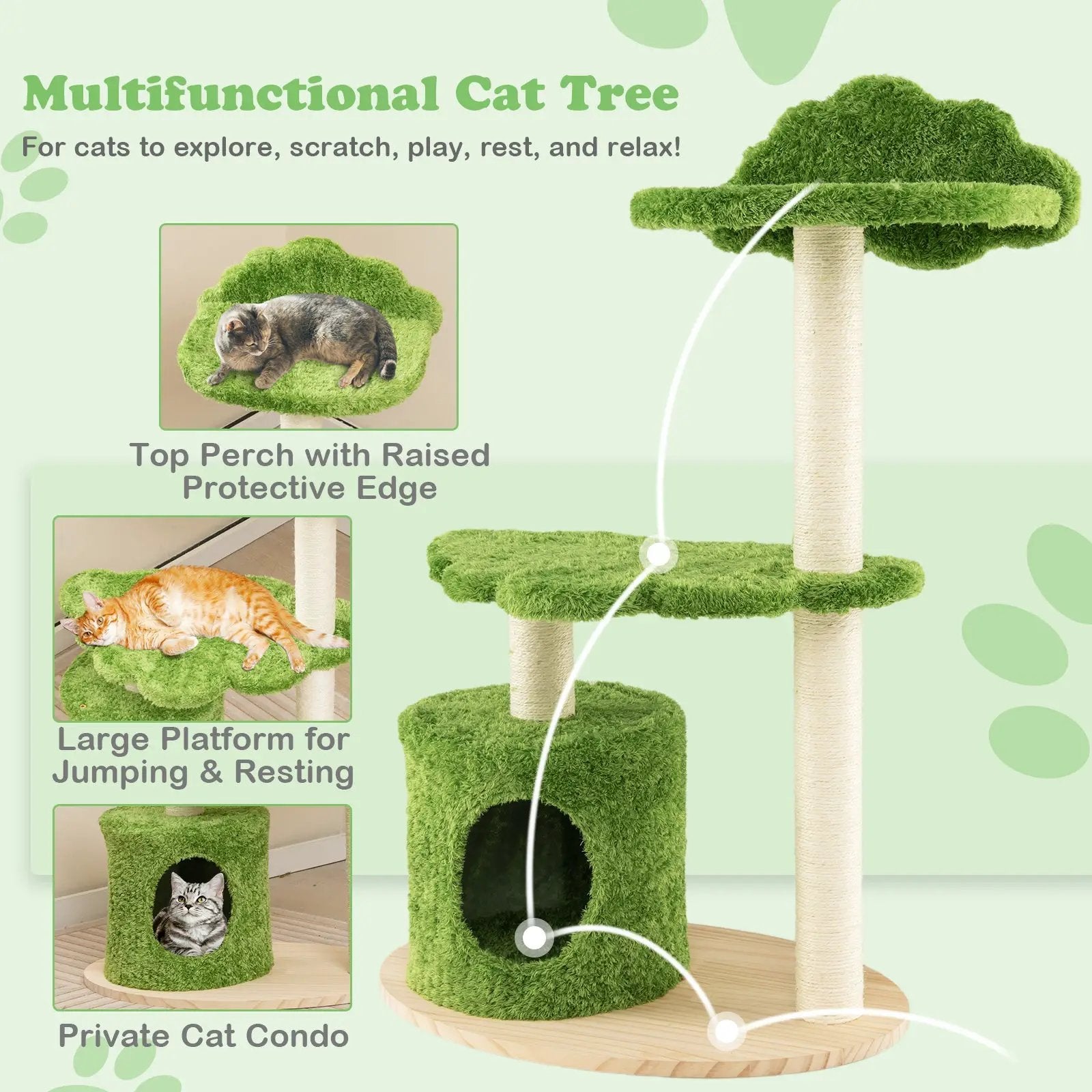 38 Inch Cute Cat Tree for Indoor Cats with Fully Wrapped Sisal Scratching Posts-Green by DirectDeals