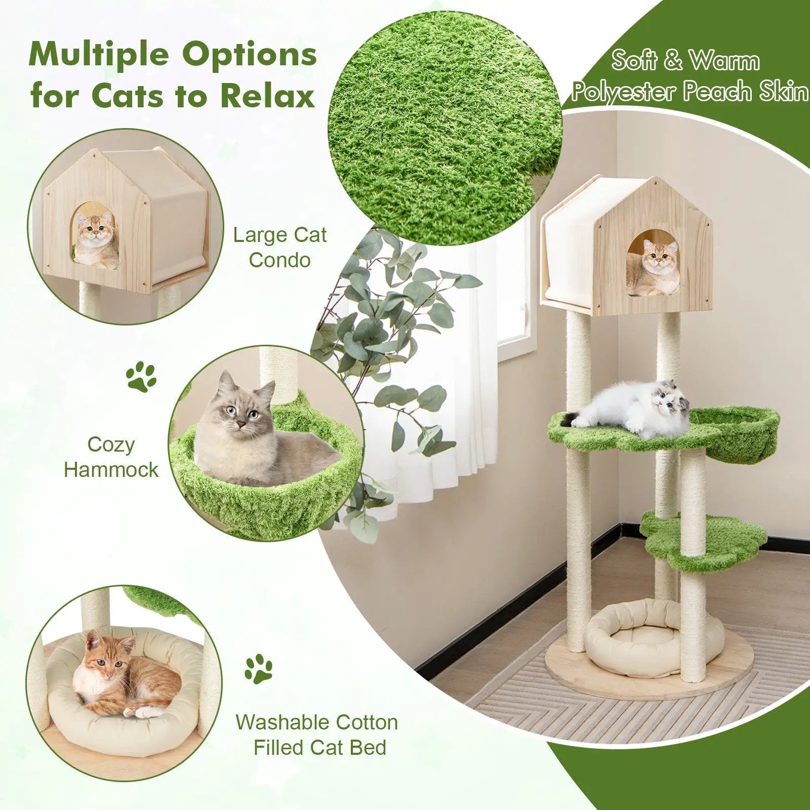 55 Inch Tall Cat Climbing Stand with Sisal Scratching Posts and Soft Cat Bed for Indoor Kittens-Green by DirectDeals