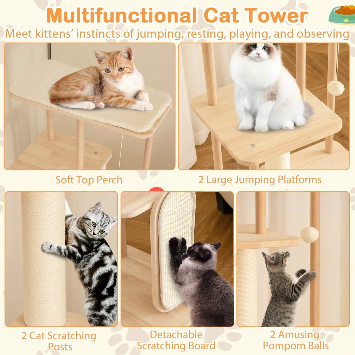 Wooden Multi-level Modern Cat Tower with Scratching Board and Post, photo 8 of 9