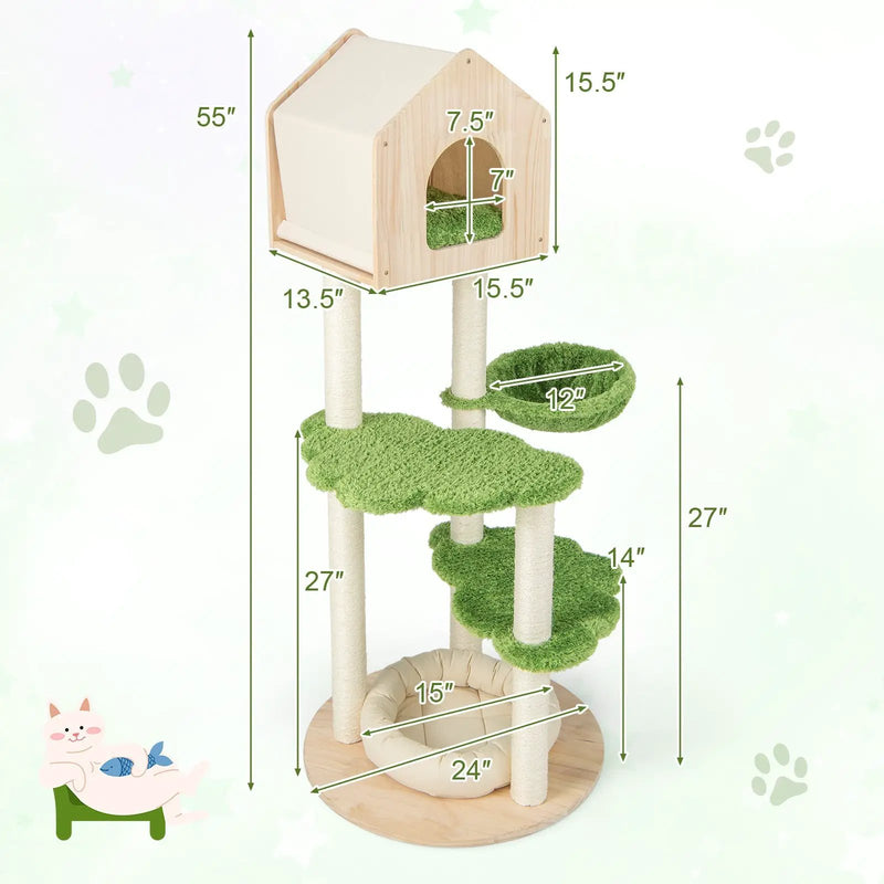 55 Inch Tall Cat Climbing Stand with Sisal Scratching Posts and Soft Cat Bed for Indoor Kittens-Green by DirectDeals
