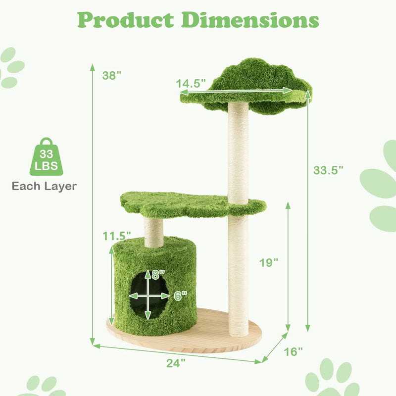 38 Inch Cute Cat Tree for Indoor Cats with Fully Wrapped Sisal Scratching Posts-Green by DirectDeals