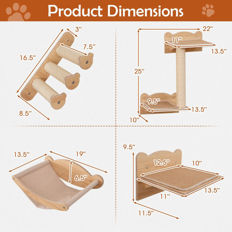 Cat Wall Furniture Set of 4 with Hammock 2-step Cat Tree and Perch-Natural by DirectDeals