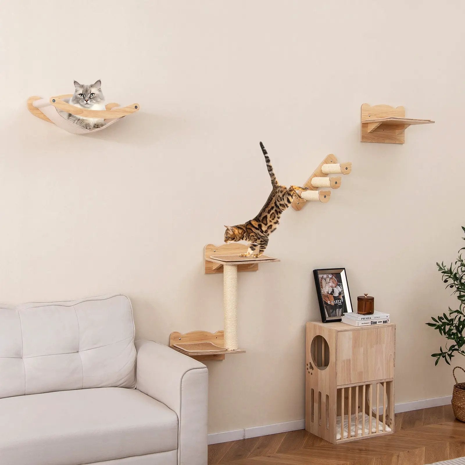 Cat Wall Furniture Set of 4 with Hammock 2-step Cat Tree and Perch-Natural by DirectDeals