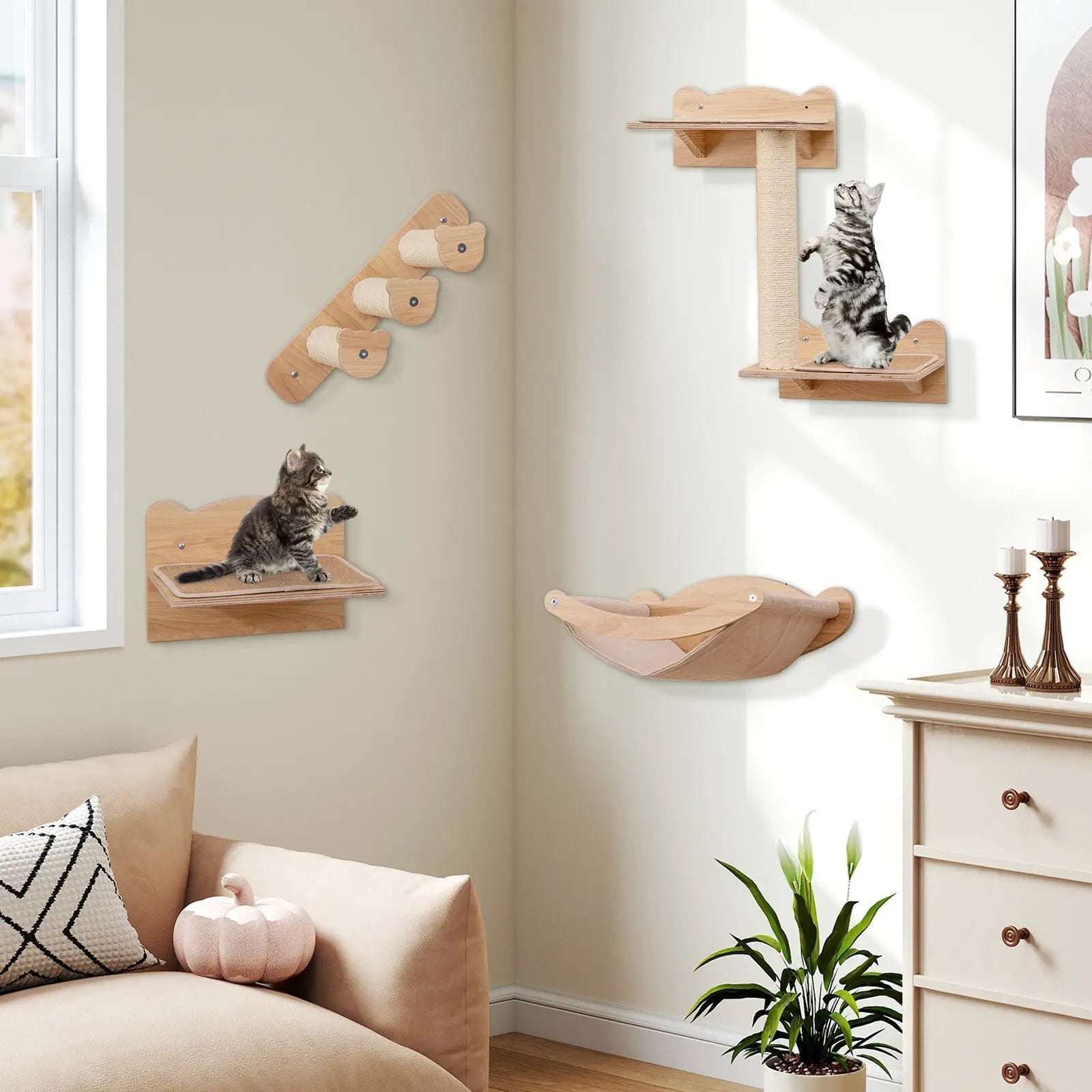 Cat Wall Furniture Set of 4 with Hammock 2-step Cat Tree and Perch-Natural by DirectDeals