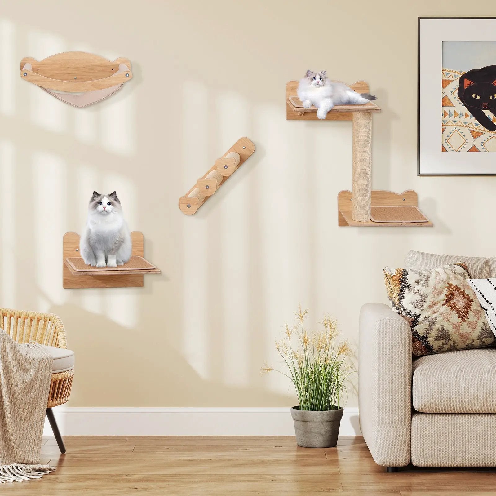Cat Wall Furniture Set of 4 with Hammock 2-step Cat Tree and Perch-Natural by DirectDeals