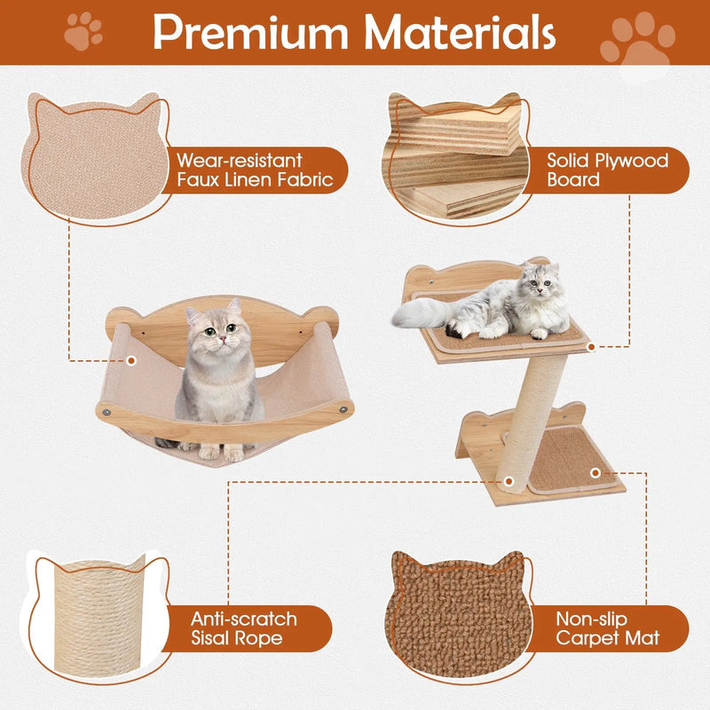 Cat Wall Furniture Set of 4 with Hammock 2-step Cat Tree and Perch-Natural by DirectDeals