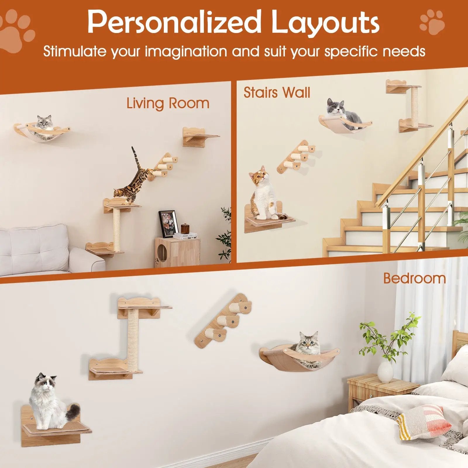 Cat Wall Furniture Set of 4 with Hammock 2-step Cat Tree and Perch-Natural by DirectDeals