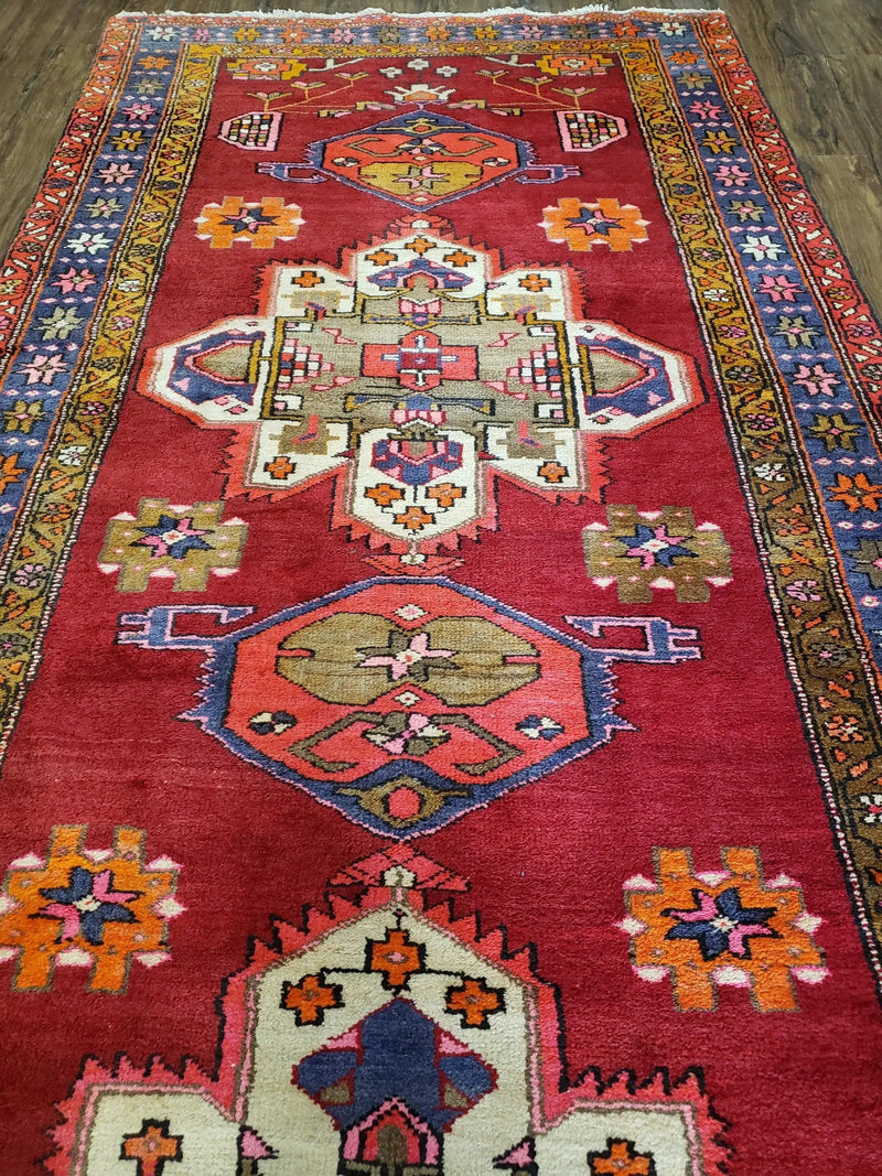 Antique Persian Karajeh Runner Rug 4.4 x 11 ft, Red Colorful Geometric Medallion Runner by Jewel Rugs