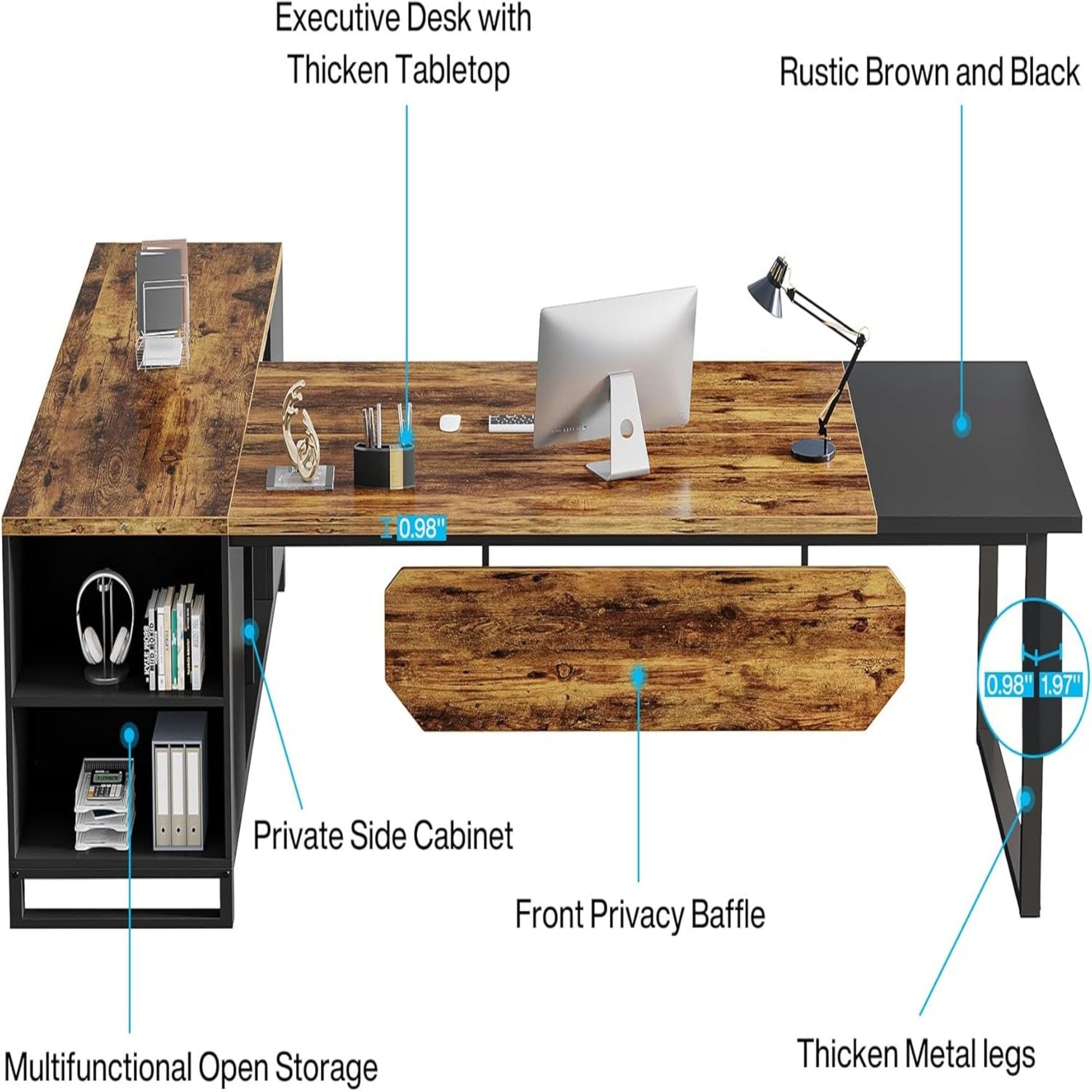 L-Shaped Executive Desk With File Cabinet, Computer Workstation With Storage