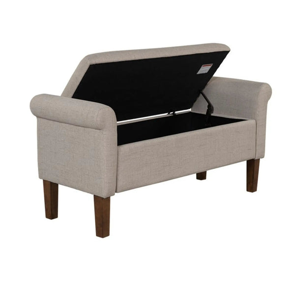 Upholstered Storage Bench With Rolled Armrests - Beige