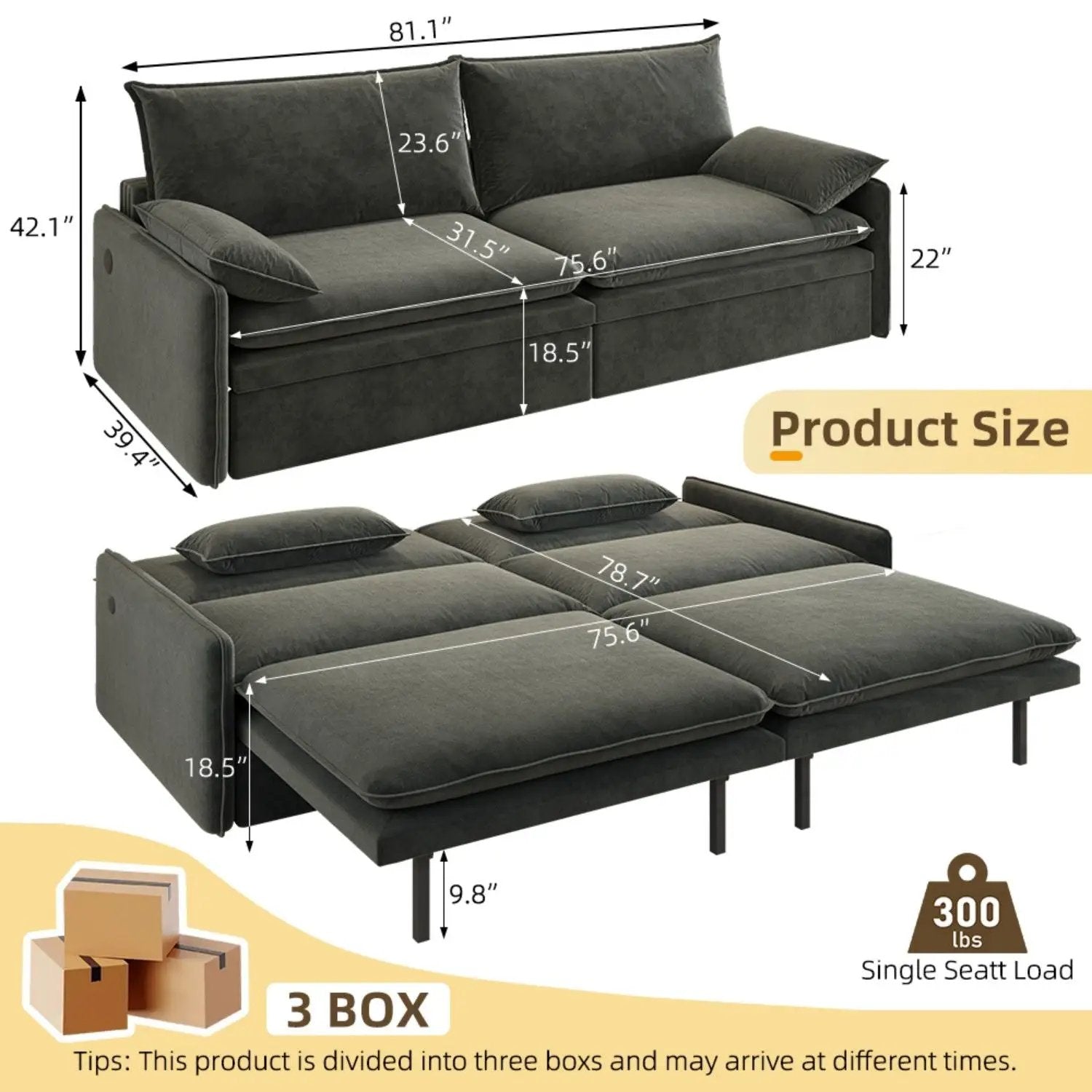 4 Seat Convertible Sleeper Sofa Bed, Modern With Storage by HouseOfZazla