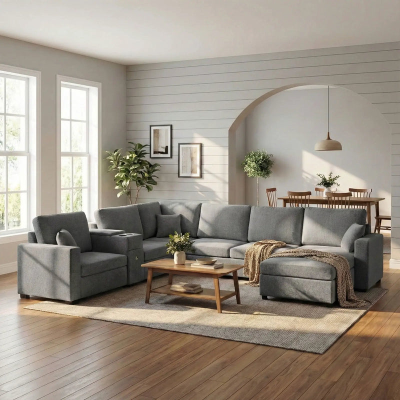 Modular 5 Seat U-Shape Sectional Sofa With Chaise Lounge, Built In Cup Holders And Storage Drawer by HouseOfZazla