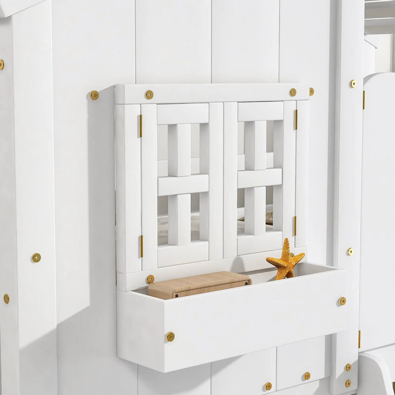 House Bunk Bed With Roof, Window, Window Box, Door, With Safety Guardrails And Ladder by HouseOfZazla