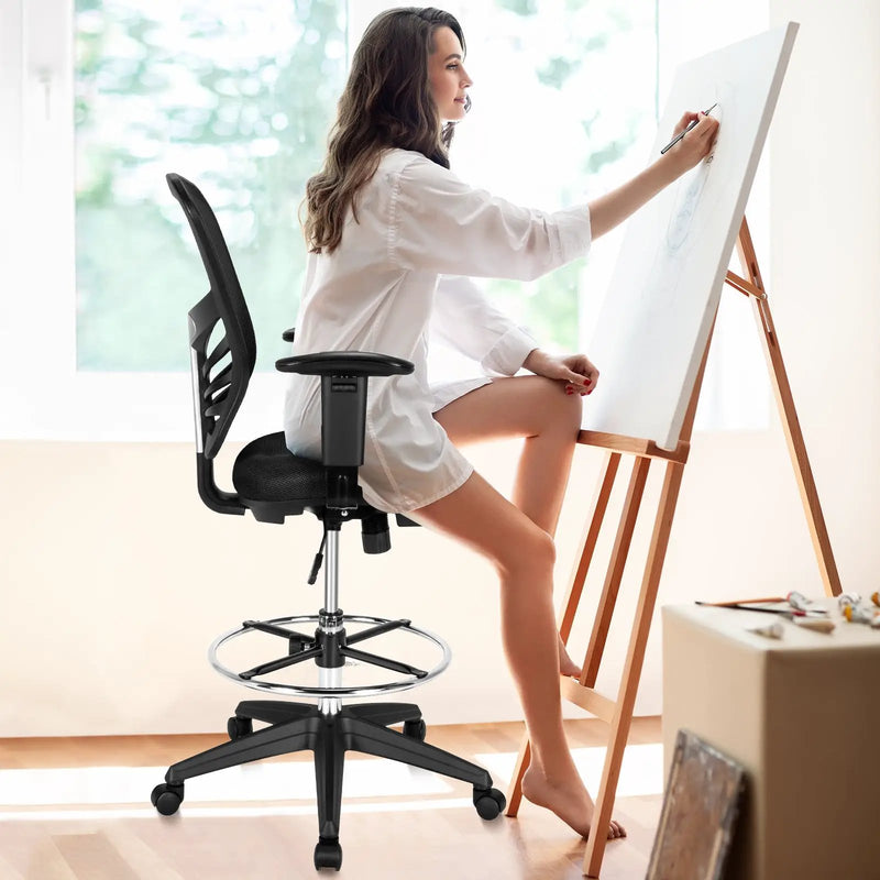 Mesh Drafting Chair Office Chair with Adjustable Armrests and Foot-Ring-Black by DirectDeals