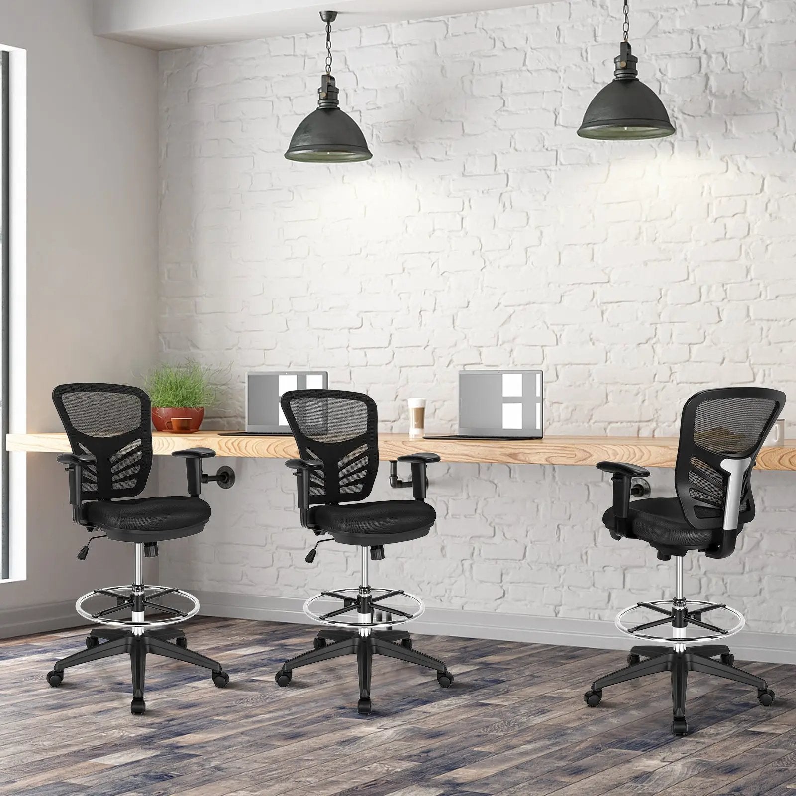Mesh Drafting Chair Office Chair with Adjustable Armrests and Foot-Ring-Black by DirectDeals