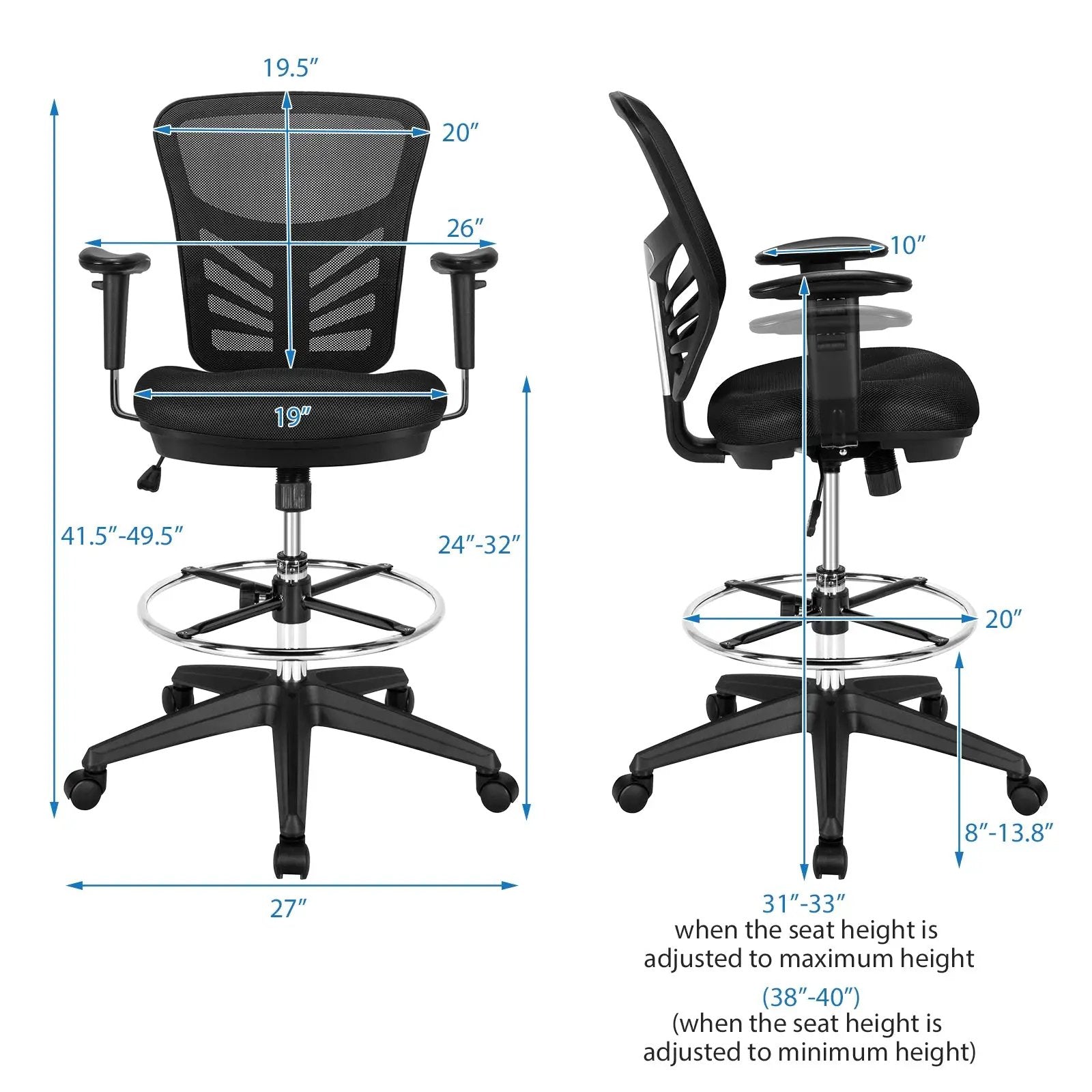 Mesh Drafting Chair Office Chair with Adjustable Armrests and Foot-Ring-Black by DirectDeals