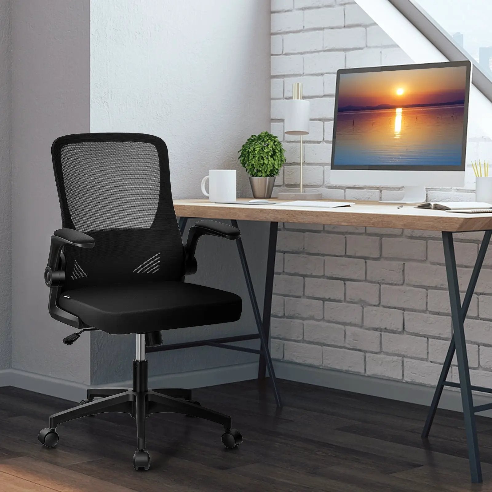 Swivel Mesh Office Chair with Foldable Backrest and Flip-Up Arms-Black by DirectDeals