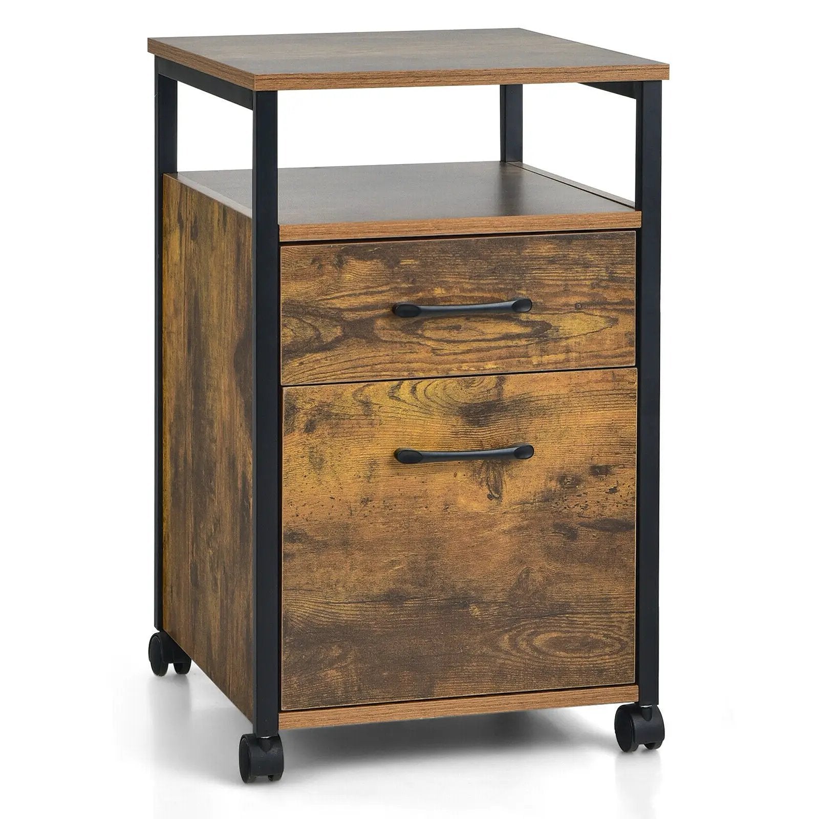 2 Drawer Mobile File Cabinet Printer Stand with Open Shelf for Letter Size-Rustic Brown by DirectDeals