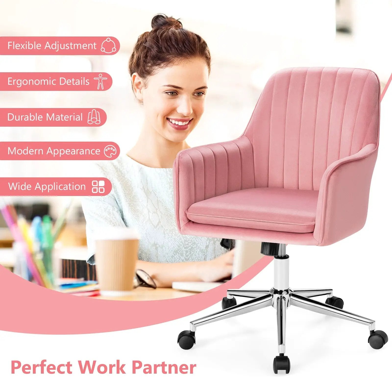 Velvet Accent Office Armchair with Adjustable Swivel and Removable Cushion by DirectDeals