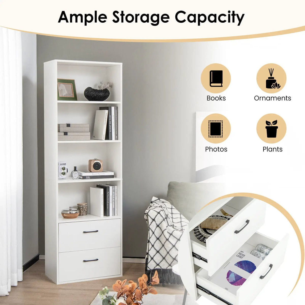6-Tier Tall Freestanding Bookshelf with 4 Open Shelves and 2 Drawers, photo 6 of 9