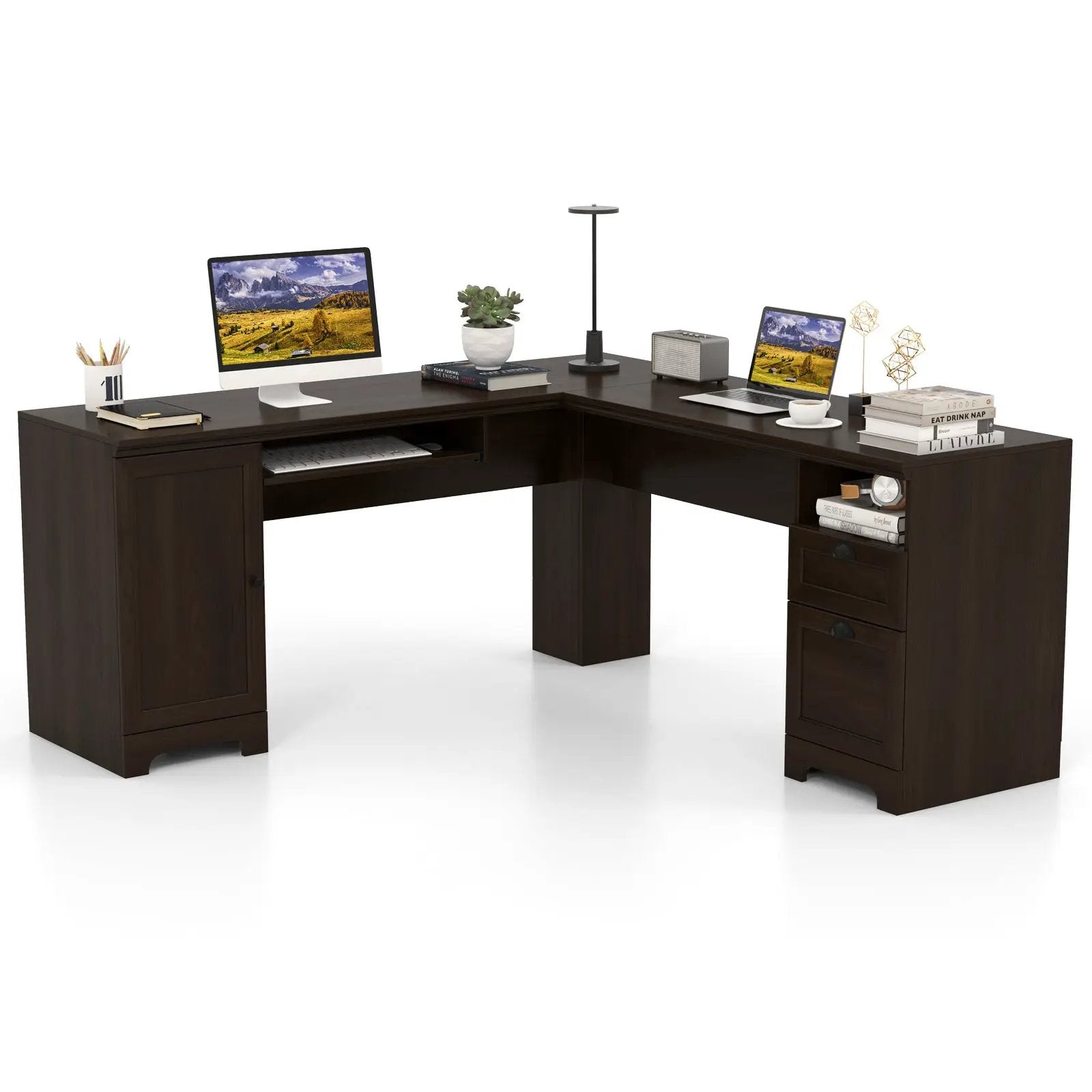 66 Inch L-Shaped Writing Study Workstation Computer Desk with Drawers-Coffee by DirectDeals