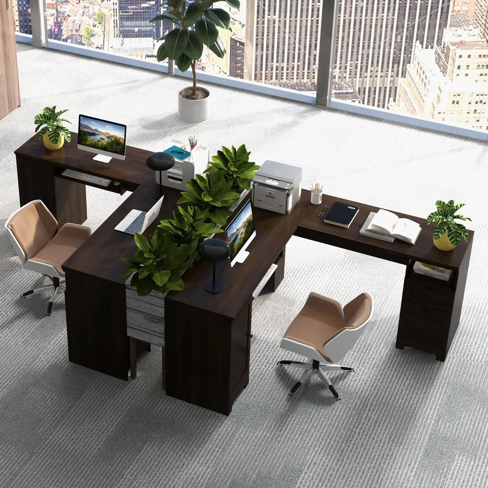 66 Inch L-Shaped Writing Study Workstation Computer Desk with Drawers-Coffee by DirectDeals