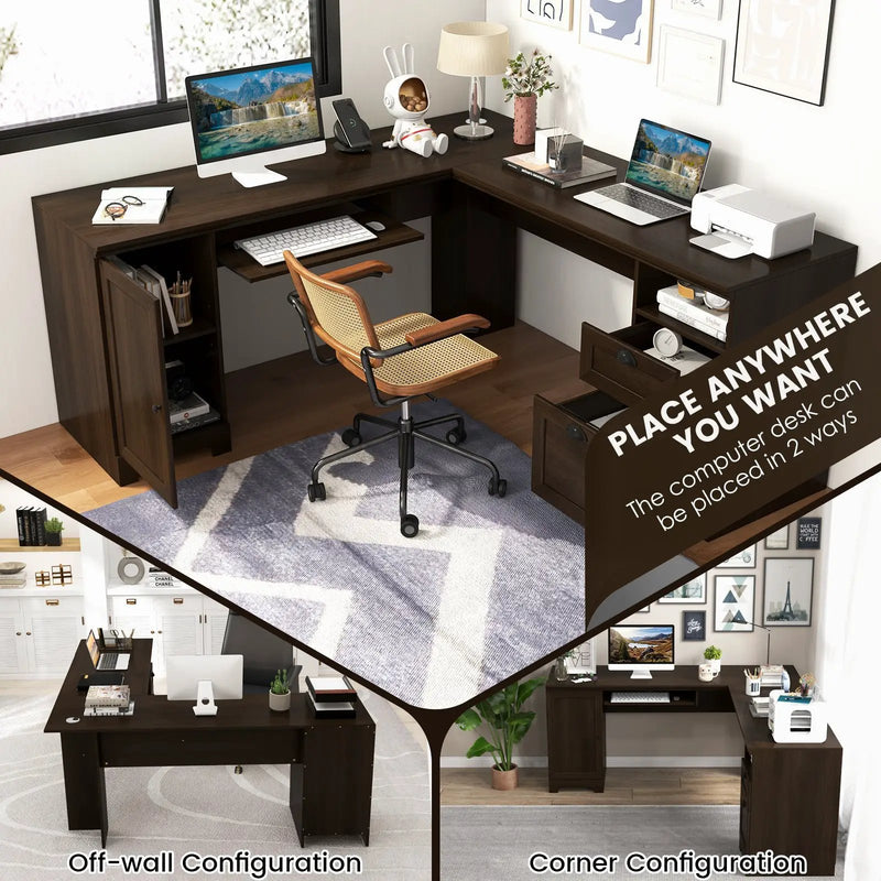 66 Inch L-Shaped Writing Study Workstation Computer Desk with Drawers-Coffee by DirectDeals