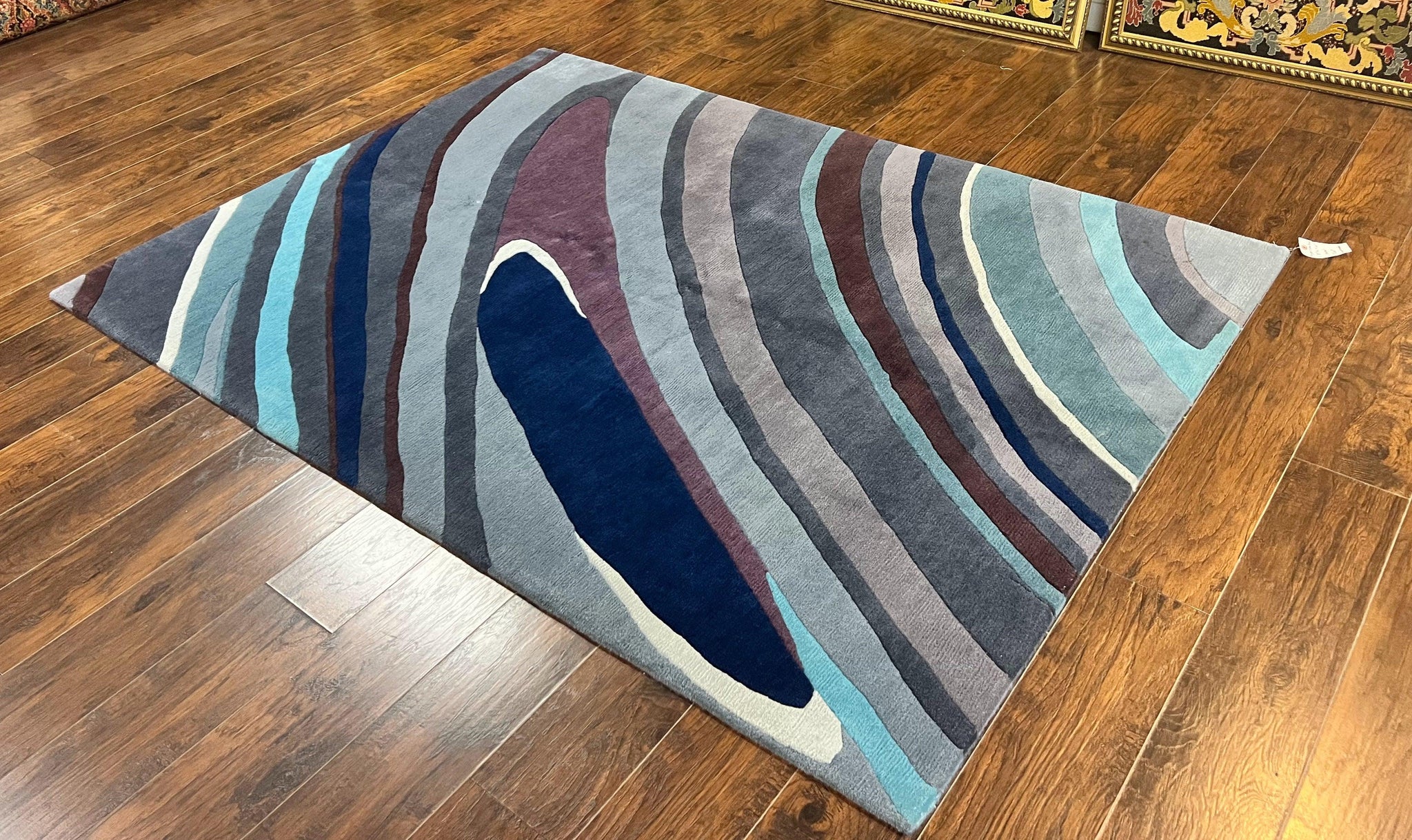 Modern Nepali Handmade Wool Rug 6x8, Blues Gray Mauve, Abstract, Nepali Tibetan Rug by Jewel Rugs