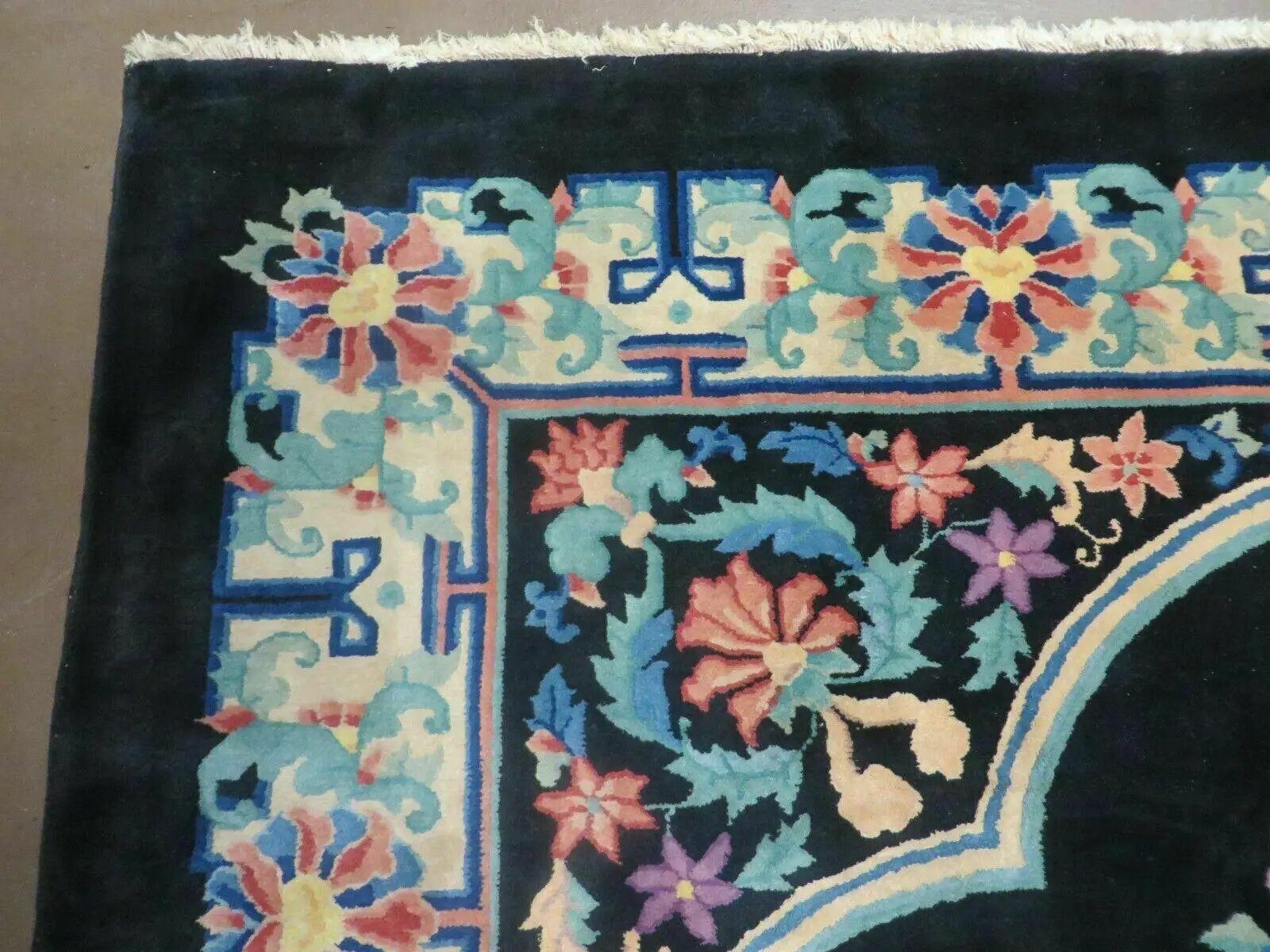 Black Chinese Wool Rug 8x10, Art Deco Floral Carpet, Soft Plush Pile by Jewel Rugs