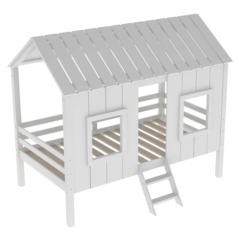 Twin Size Low Loft House Bed With Roof And 2 Front Windows - White