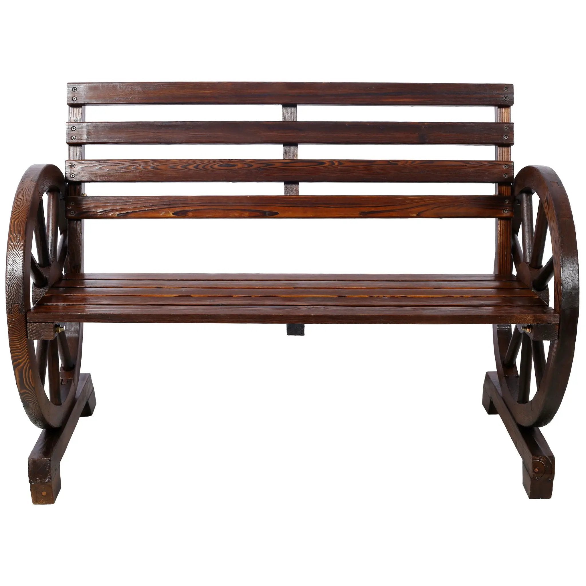 Rustic Country 2 Person Wooden Wagon Wheel Bench With Slatted Seat And Backrest - Brown by HouseOfZazla