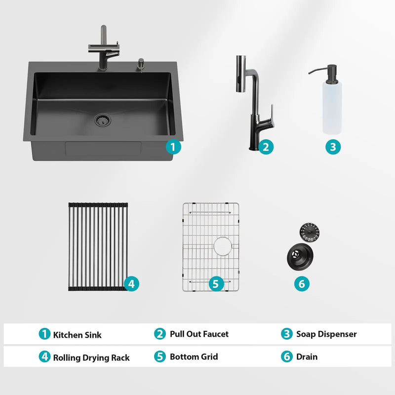Drop-In Stainless Steel Kitchen Sink With Pull-Out Faucet And Soap Dispenser by HouseOfZazla