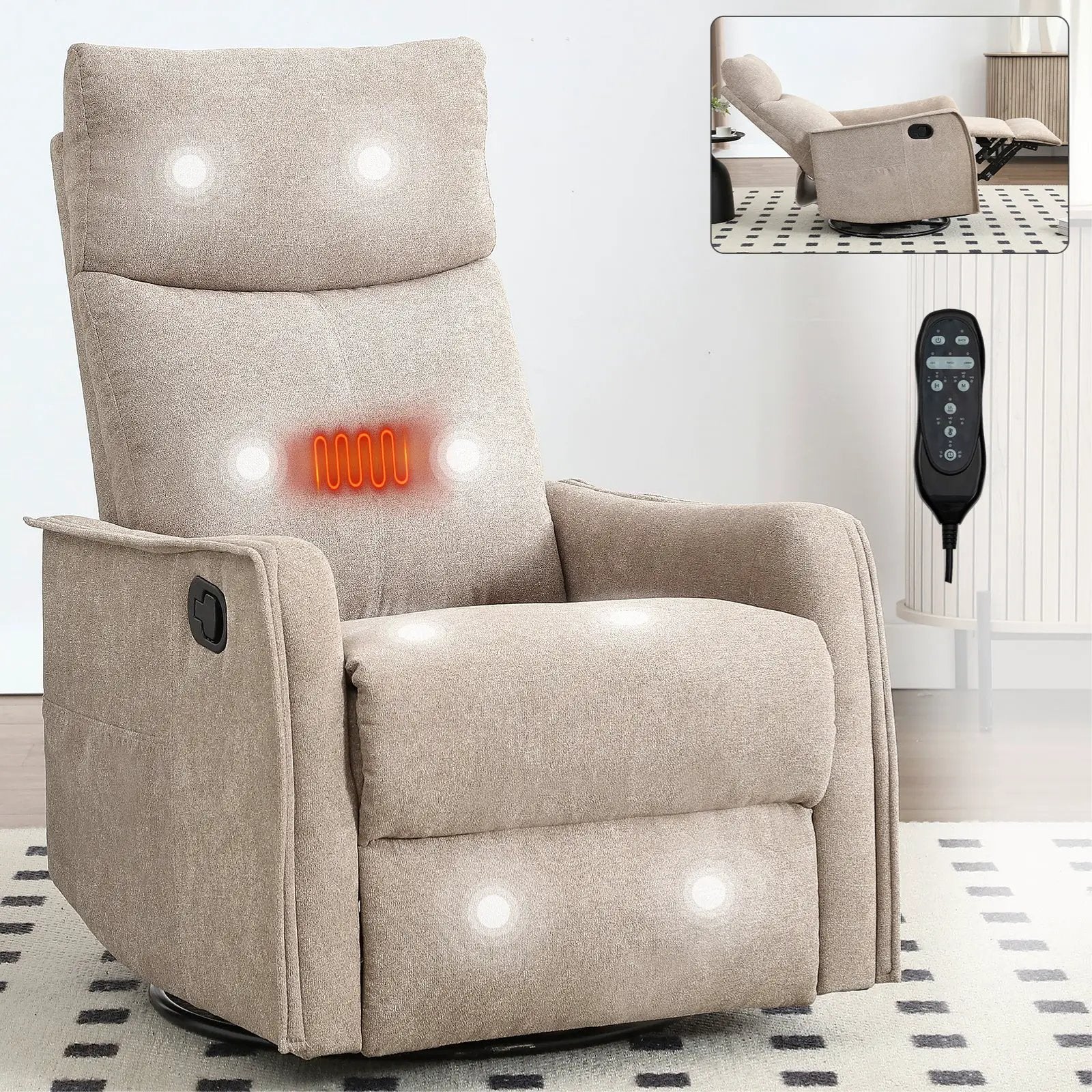 Heat Massage Manual Recliner Chair with Rocker and Swivel in Fabric for Living Room, Khaki by HouseOfZazla