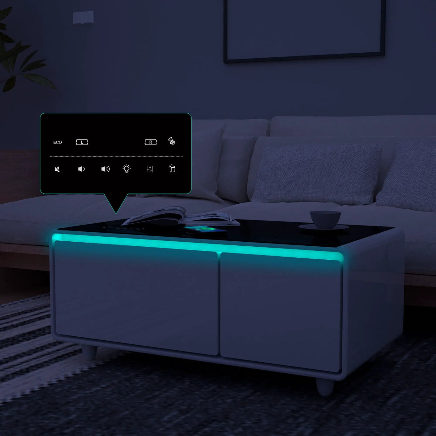 Modern Smart Coffee Table With Built-In Fridge - tooth Speaker, Wireless Charging, Touch Control Panel, USB Interface, Outlet Protection, Atmosphere Light by HouseOfZazla
