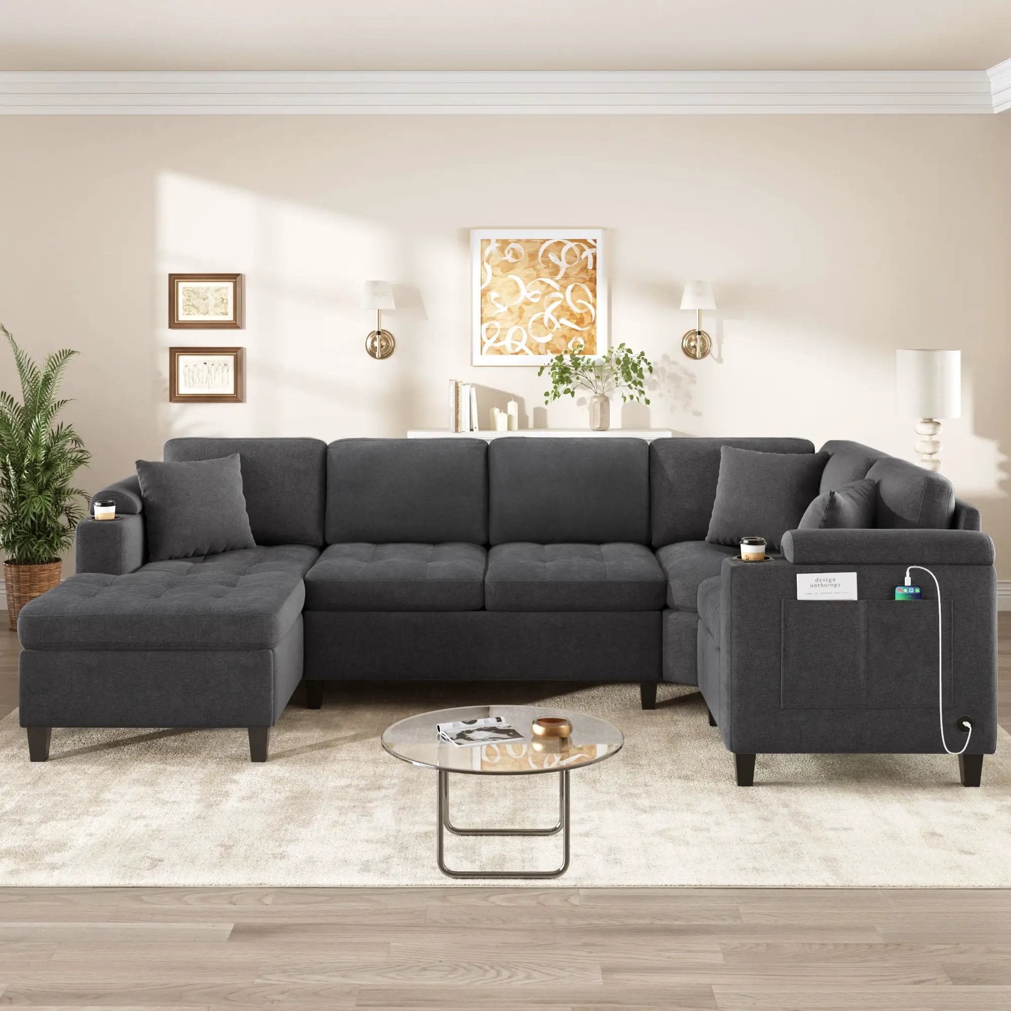 U Shaped Sectional Sofa, Corner Living Room Couch With Built In Cup Holders, Storage, USB Ports by HouseOfZazla
