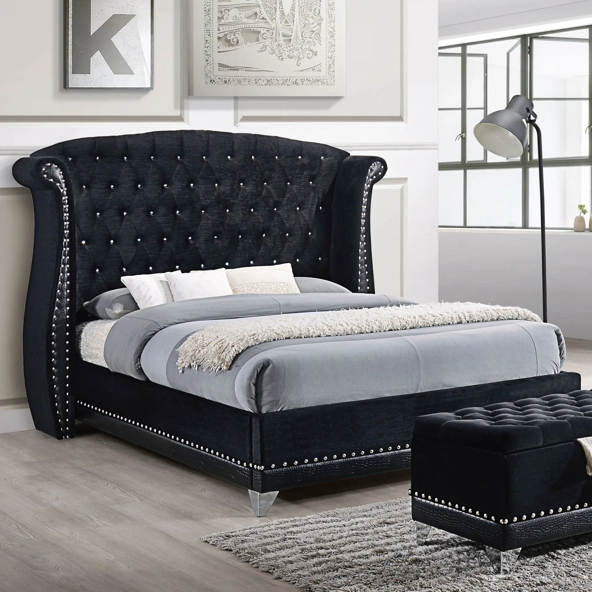 Barzini Upholstered Queen Wingback Bed Black by Unique Piece Furniture