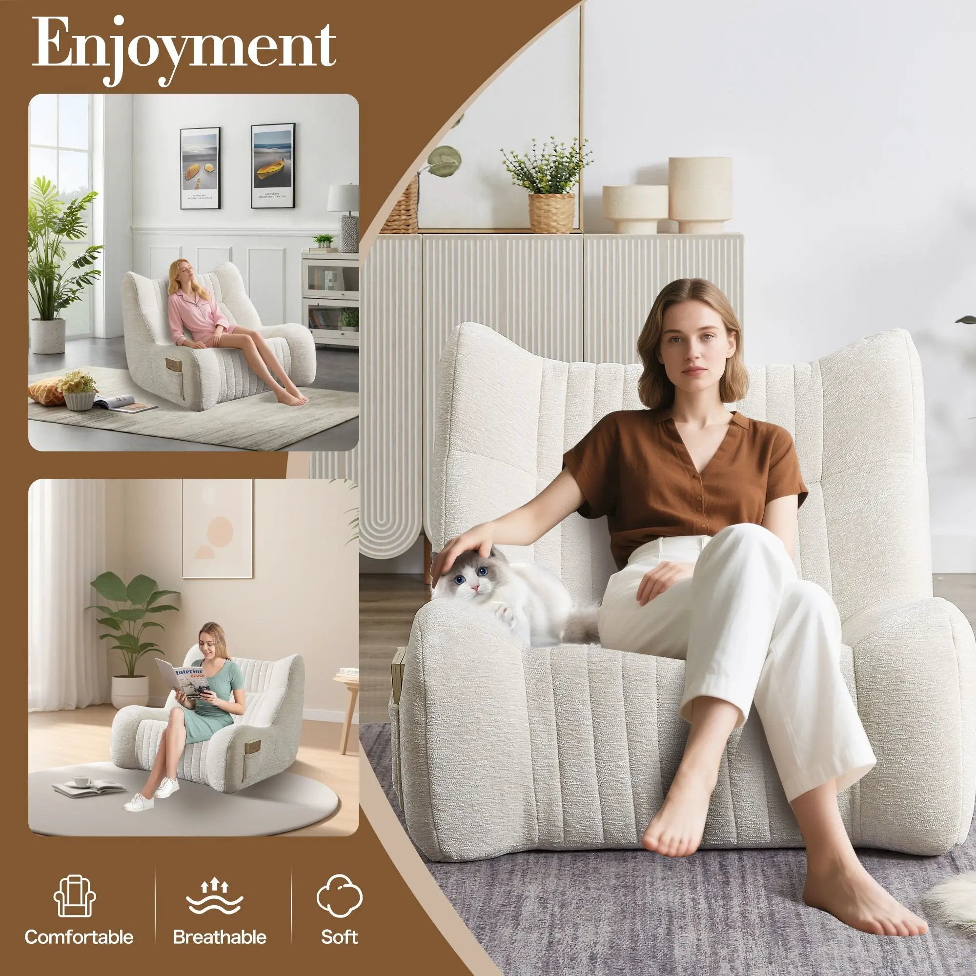 Bean Bag Chair For Adults, Lazy Floor Sofa Couch Memory Foam Bean Bag Sofas Chenille Fabric Reading Chair Comfortable Corner Lounge Sofa For Living Room - White by Unique Piece Furniture