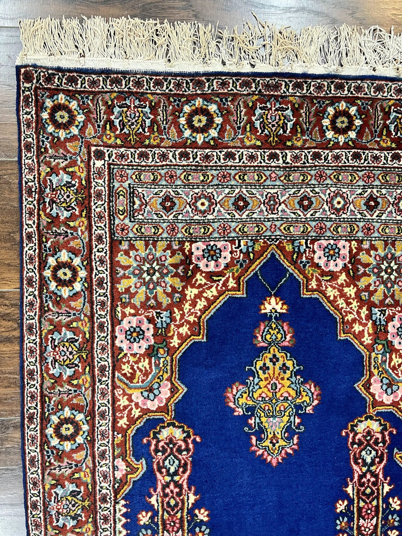 Indo Persian Prayer Rug 3x5, Fine Oriental Carpet, Dark Blue and Red, Vintage Hand Knotted Handmade Prayer Rug by Jewel Rugs