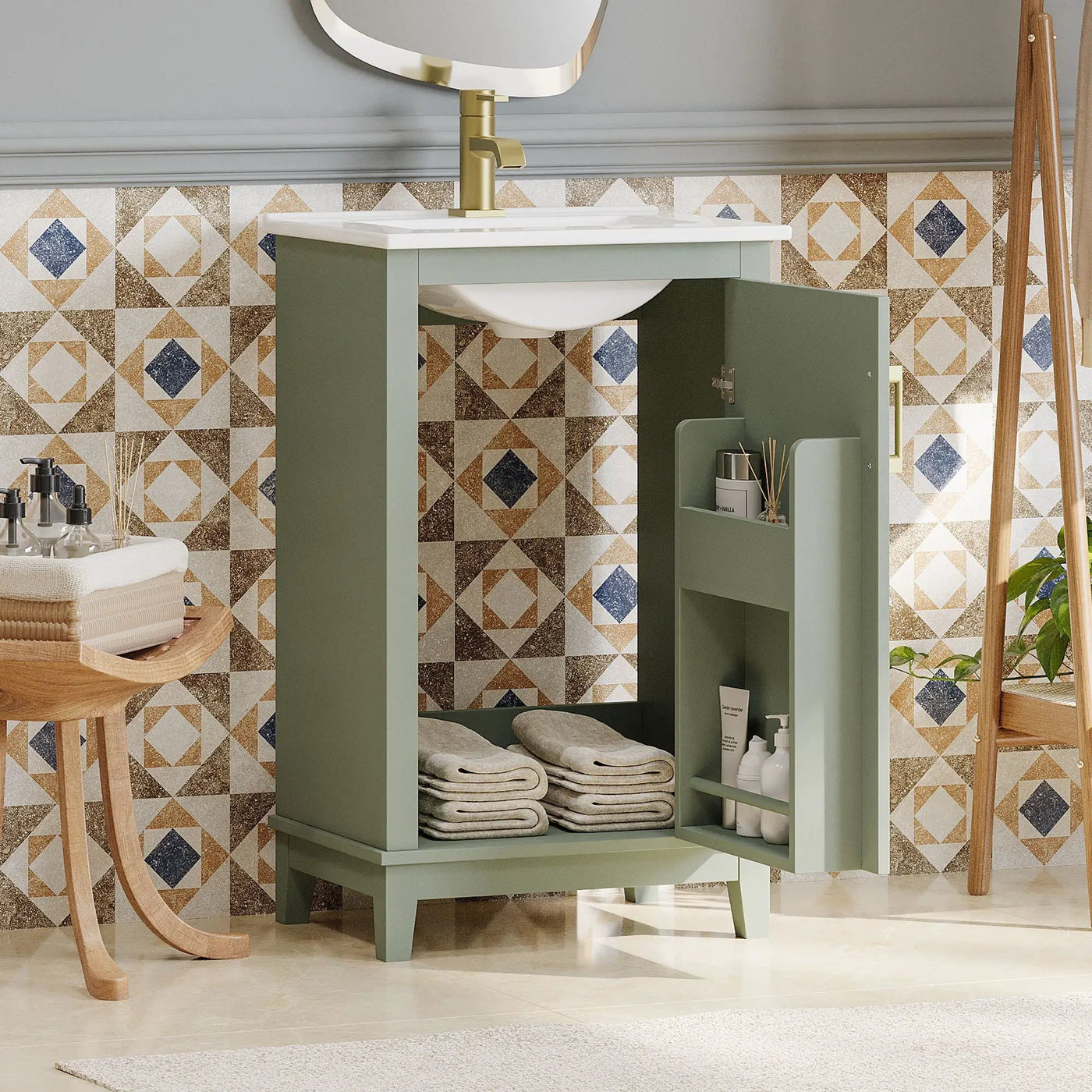Modern Small Bathroom Vanity Cabinet With Ceramic Basin, Ample Storage, 1 Soft Close Door by Unique Piece Furniture