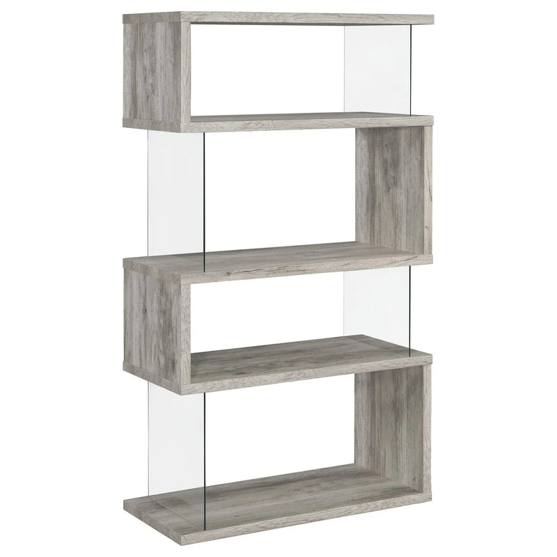 Emelle 63-inch 4-shelf Glass Panel Bookshelf Grey Driftwood by Unique Piece Furniture