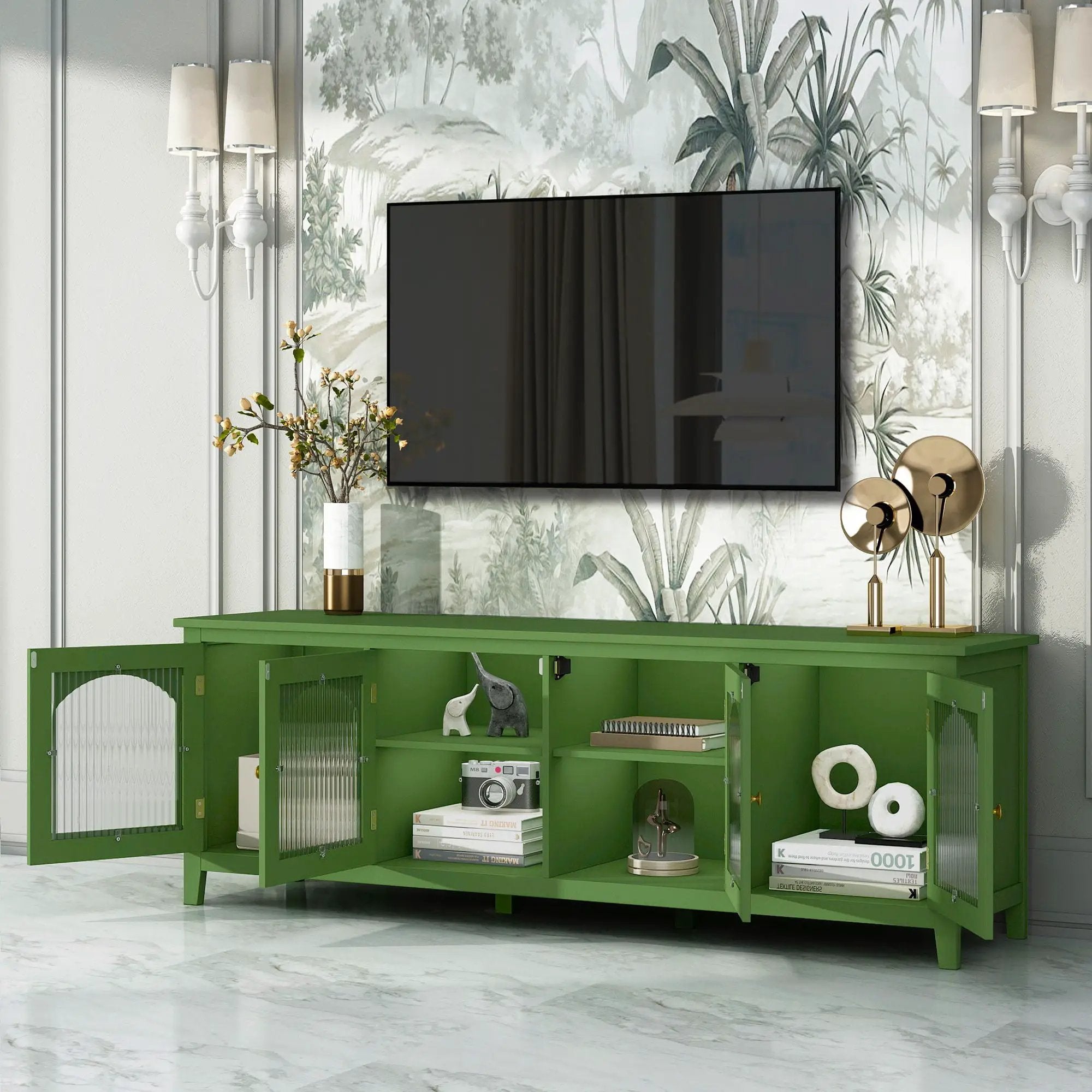 StylishTVcabinet Entertainment CenterTV Stand, TVconsoletable, Media Console, Solidwood Frame, Changhong Glass Door, Metal Handle by Unique Piece Furniture