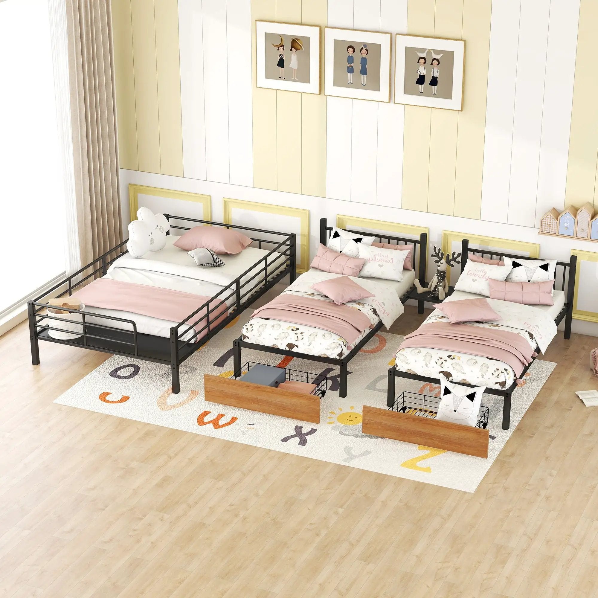 Full Over Twin-Twin Triple Bunk Bed With Drawers And Staircase - Black by Unique Piece Furniture