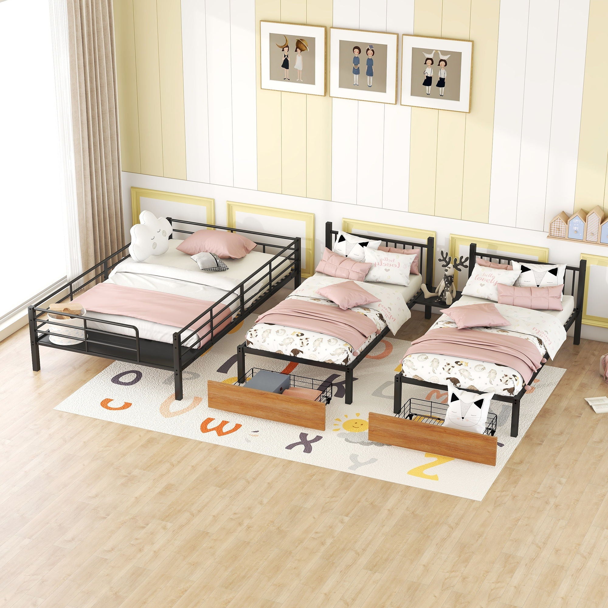 Full Over Twin-Twin Triple Bunk Bed With Drawers And Staircase - Black by HouseOfZazla