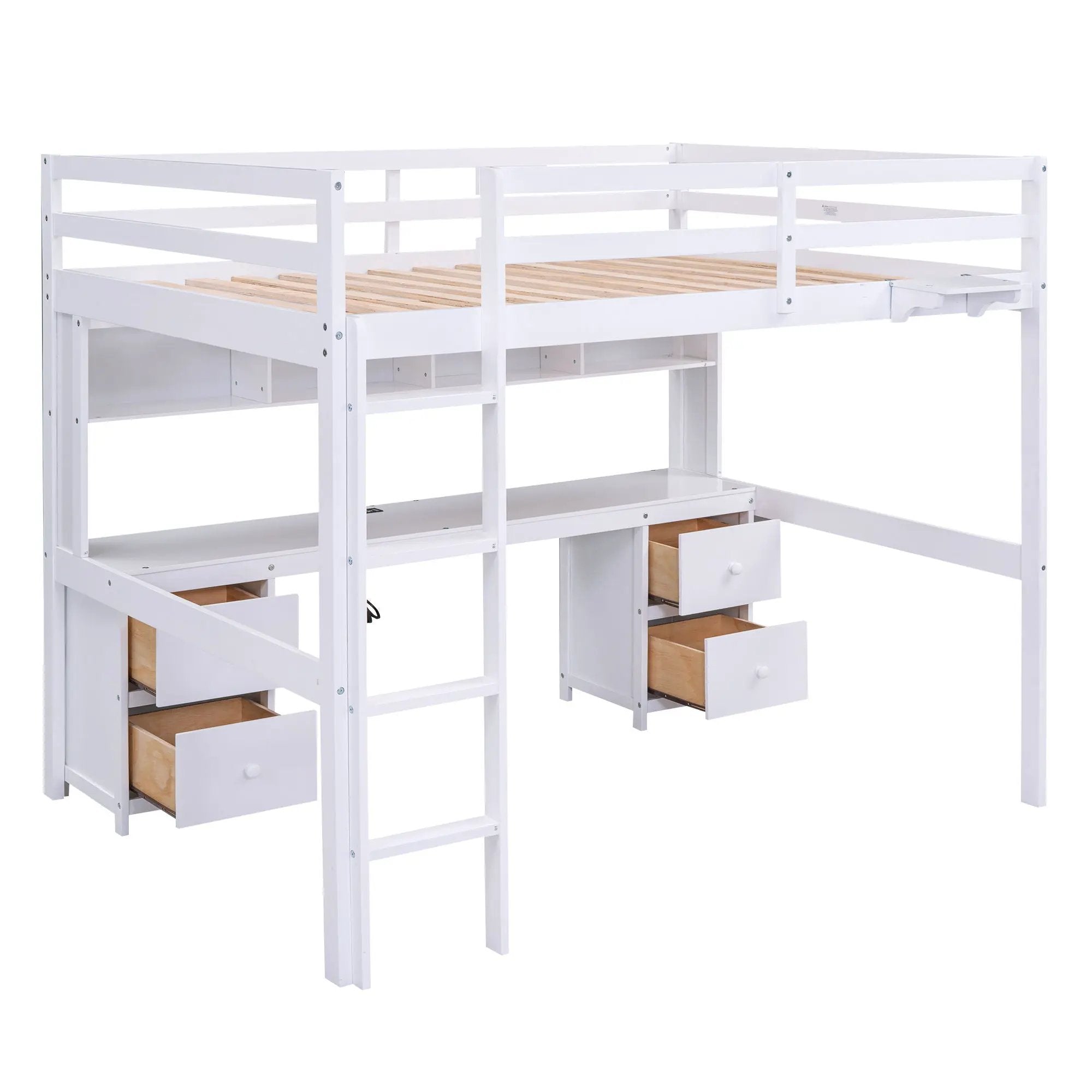 Full Size Loft Bed With Desk, Cabinets, Drawers, Charging Station And Bedside Tray, Sturdy Frame, No Box Spring Required - White by HouseOfZazla