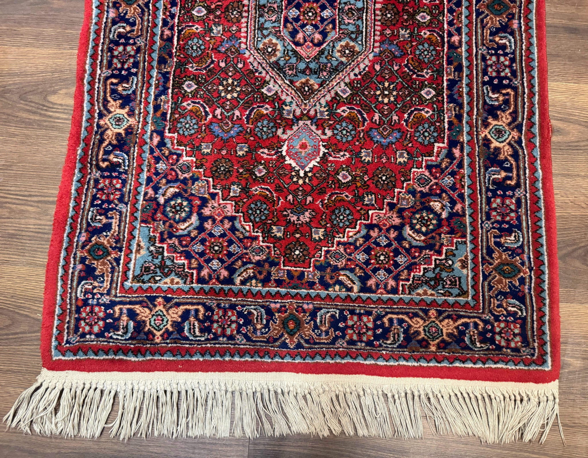 Indo Persian Bidjar Runner Rug 3 x 18.6, Red Navy Blue, Long Runner, Wool Oriental Carpet by Jewel Rugs