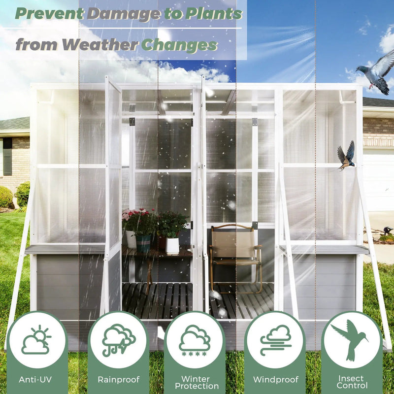 Greenhouse, Wooden Lean To Greenhouses For Outdoors, Heavy Duty Walk In Green House For Outside Winter, Large Hot House For Sunroom Storage Shed, Garden, Backyard - White / Gray by HouseOfZazla