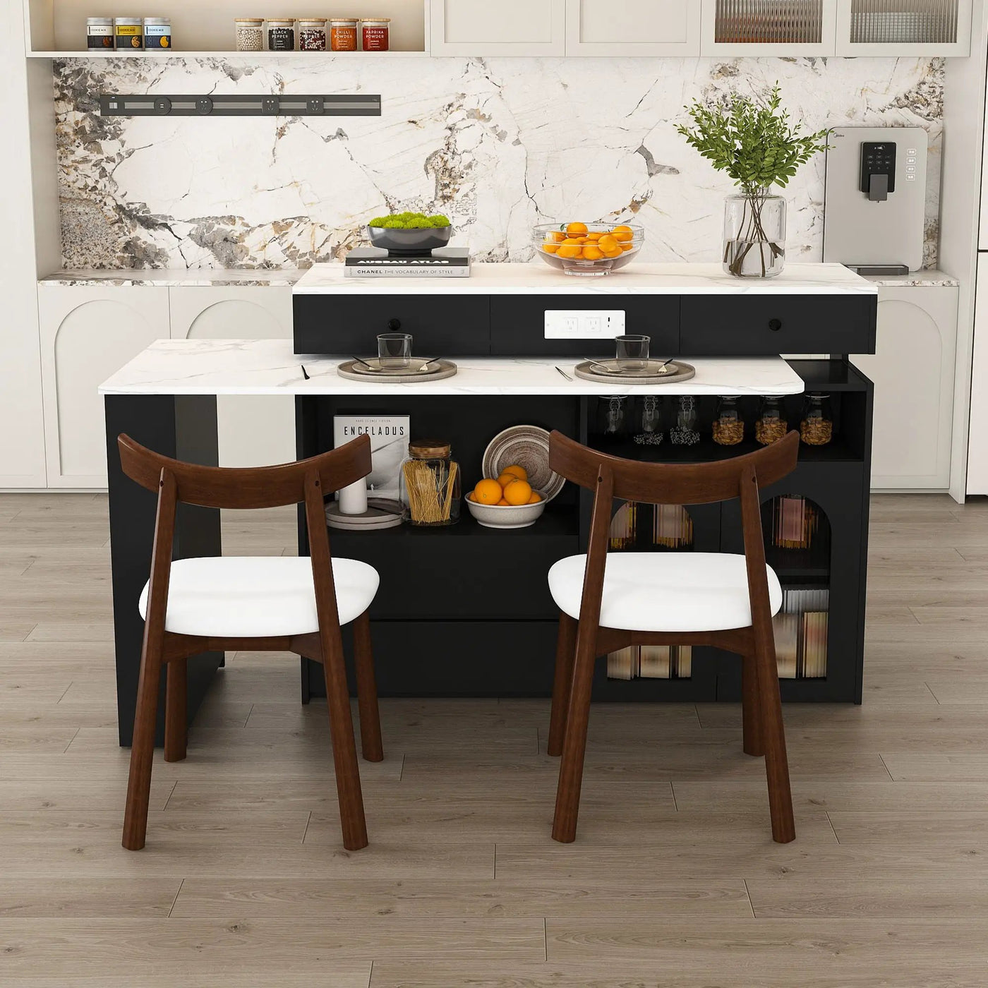 Retro Kitchen Island Set With Chairs, Extendable & Rotating Table, 4 Drawers & Door Cabinets by Unique Piece Furniture