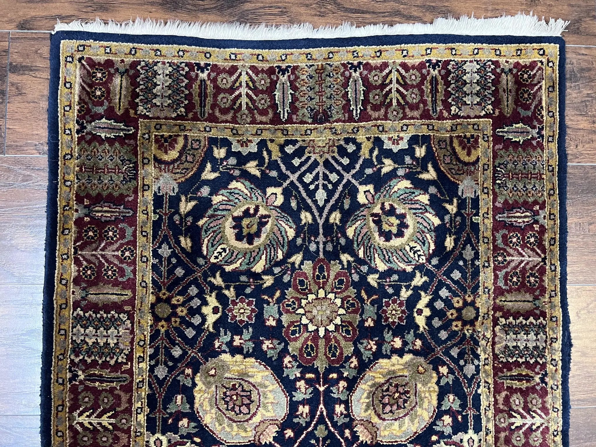Indo Persian Runner 2.8 x 18, Long Skinny Hallway Wool Runner Rug, Hand Knotted Vintage Floral Allover Traditional Runner Dark Blue Burgundy by Jewel Rugs