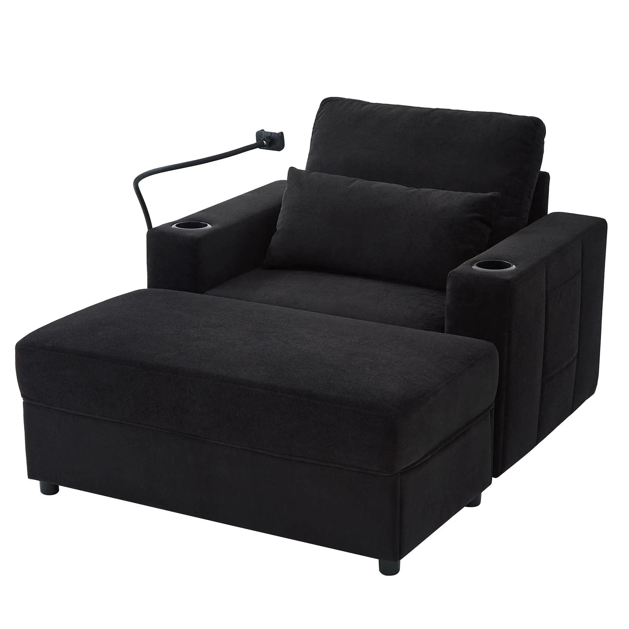 Modern Style Armchair Chaise Lounge Sofa Couch With Movable Storage Ottoman, USB Ports, Cup Holders, Phone Holder, Side Pockets by HouseOfZazla