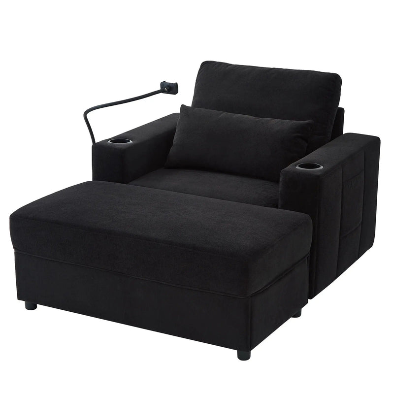 Modern Style Armchair Chaise Lounge Sofa Couch With Movable Storage Ottoman, USB Ports, Cup Holders, Phone Holder, Side Pockets by HouseOfZazla